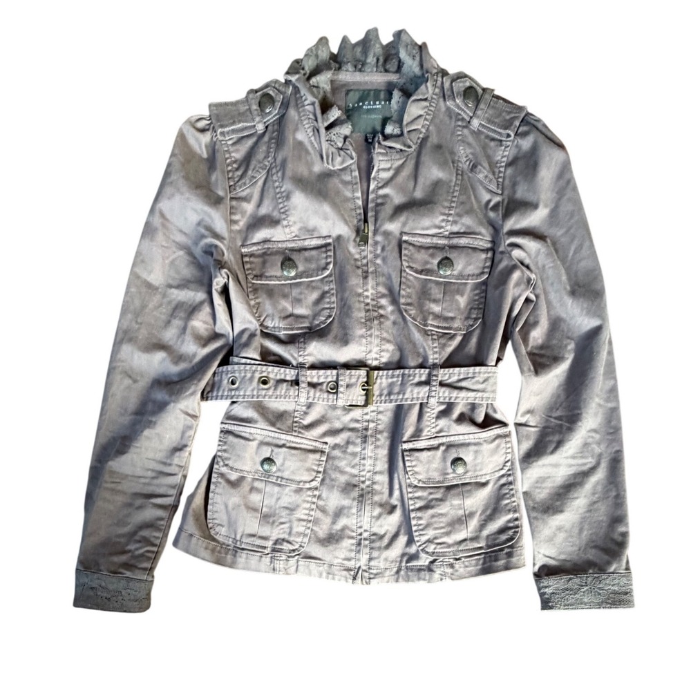 Sanctuary Lace Trim Utility Jacket army taupe Belted Military Coat M